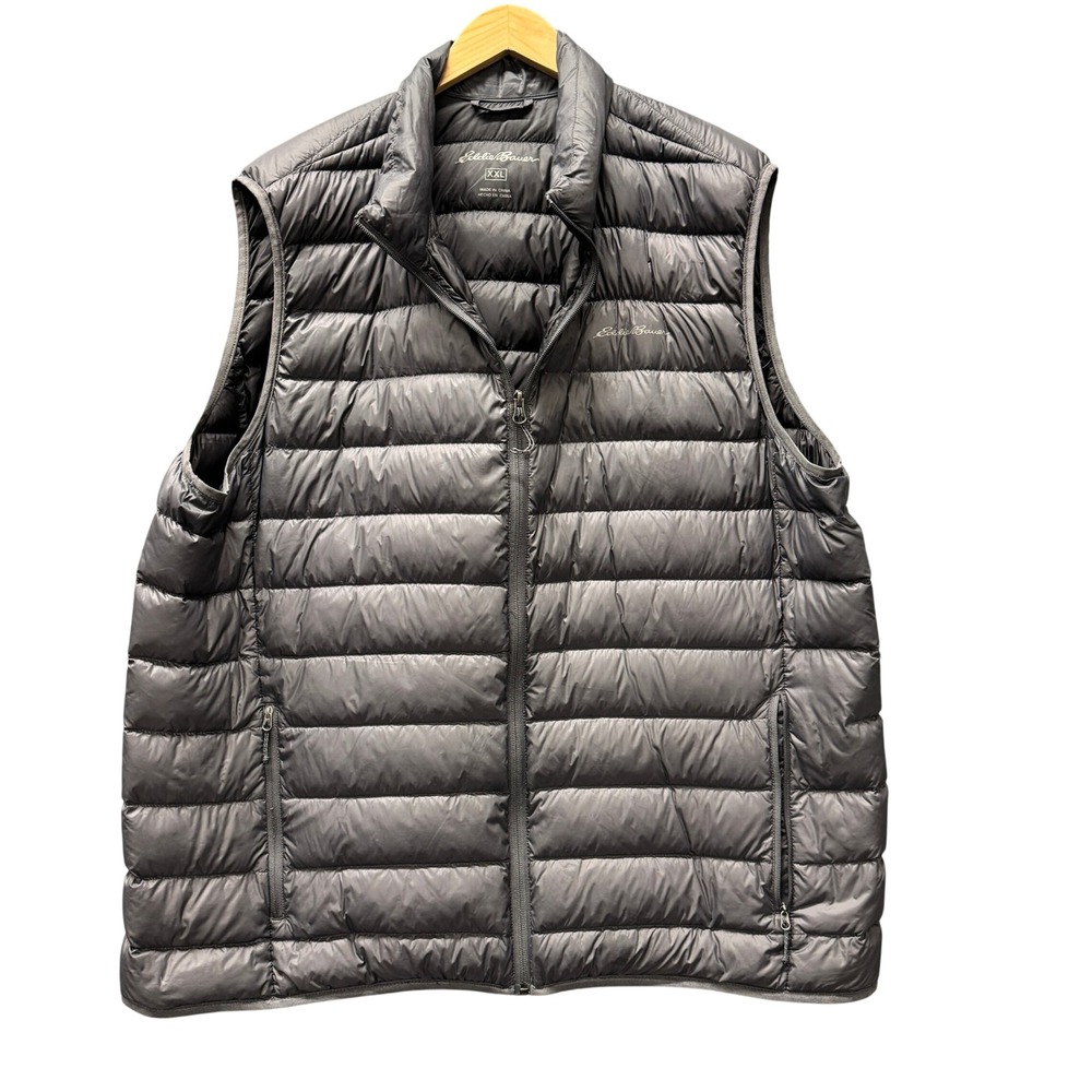 Eddie Bauer Puffer Vest Mens XXL Down Fill Gray Quilted Full Zip Packable Jacket